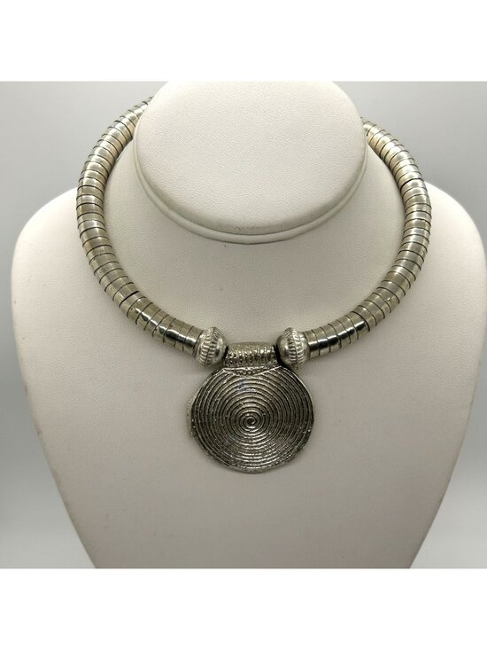 Estate Jewelry - Modernist Statement Necklace Choker Industrial Memory Wire Spiral Pendant 16"
